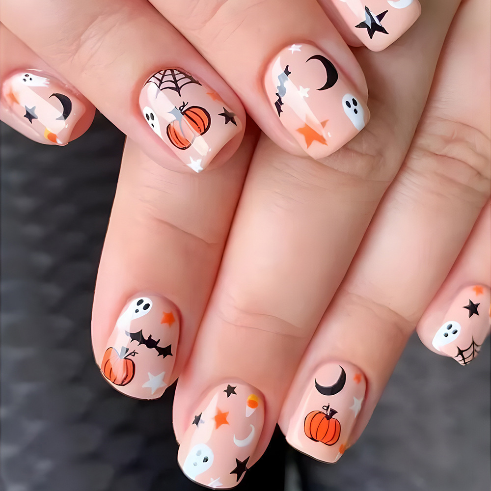 Nail Art Press On - ゼリータブ付きの再利用可能なスクエアフェイクネイル、かわいい犬、甘いクマ、カボチャ、ハロウィーン、グラデーション、人工、24個