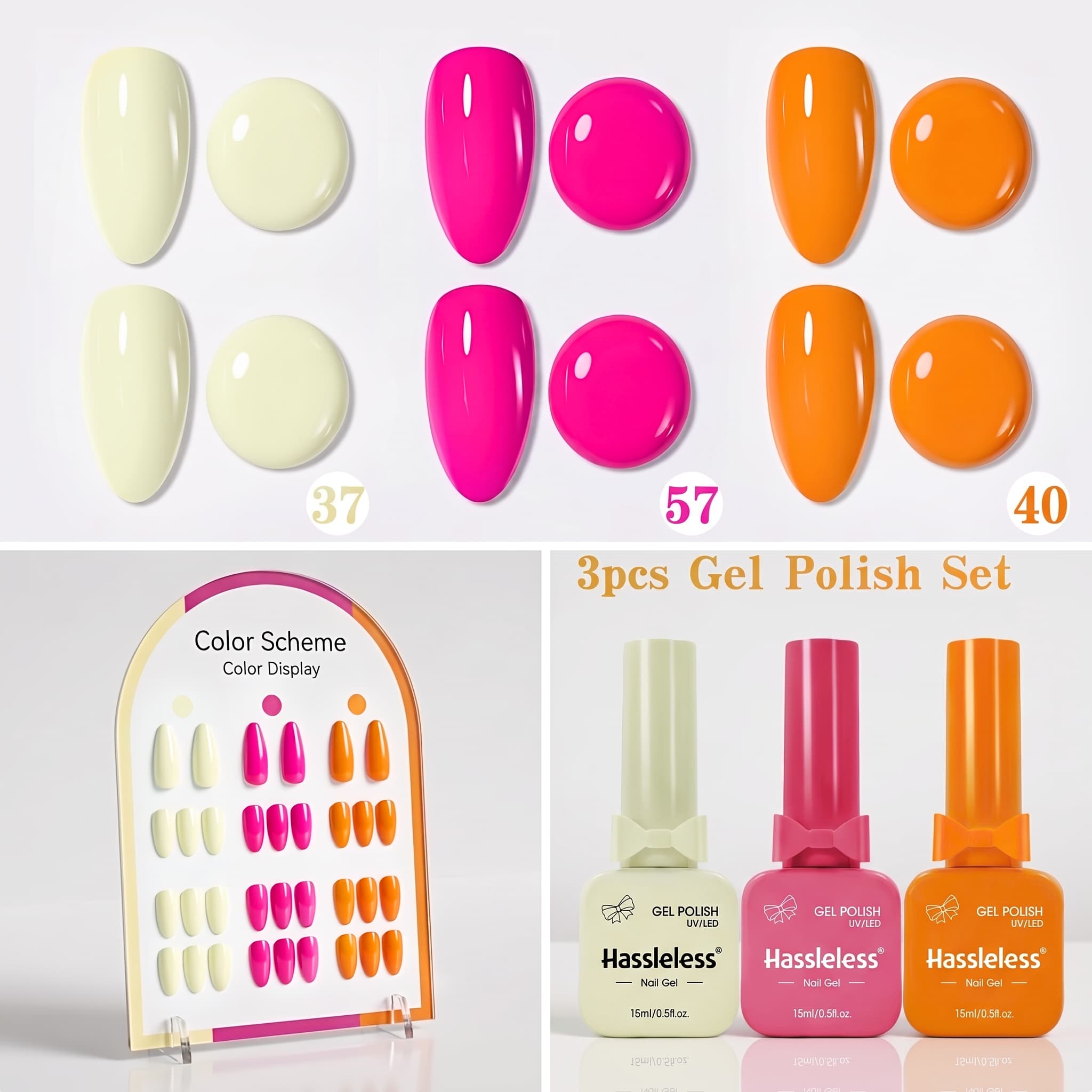 Nail Art Orange - 手軽に使えるネイルポリッシュジェル3本セット（15ml）。ミルキーホワイト、蛍光ピンク、鮮やかなオレンジの3色。光沢があり、長持ちし、落としやすいネイルポリッシュジェル。自宅でサロンのようなネイルアートを楽しめます。女性へのプレゼントにも最適。