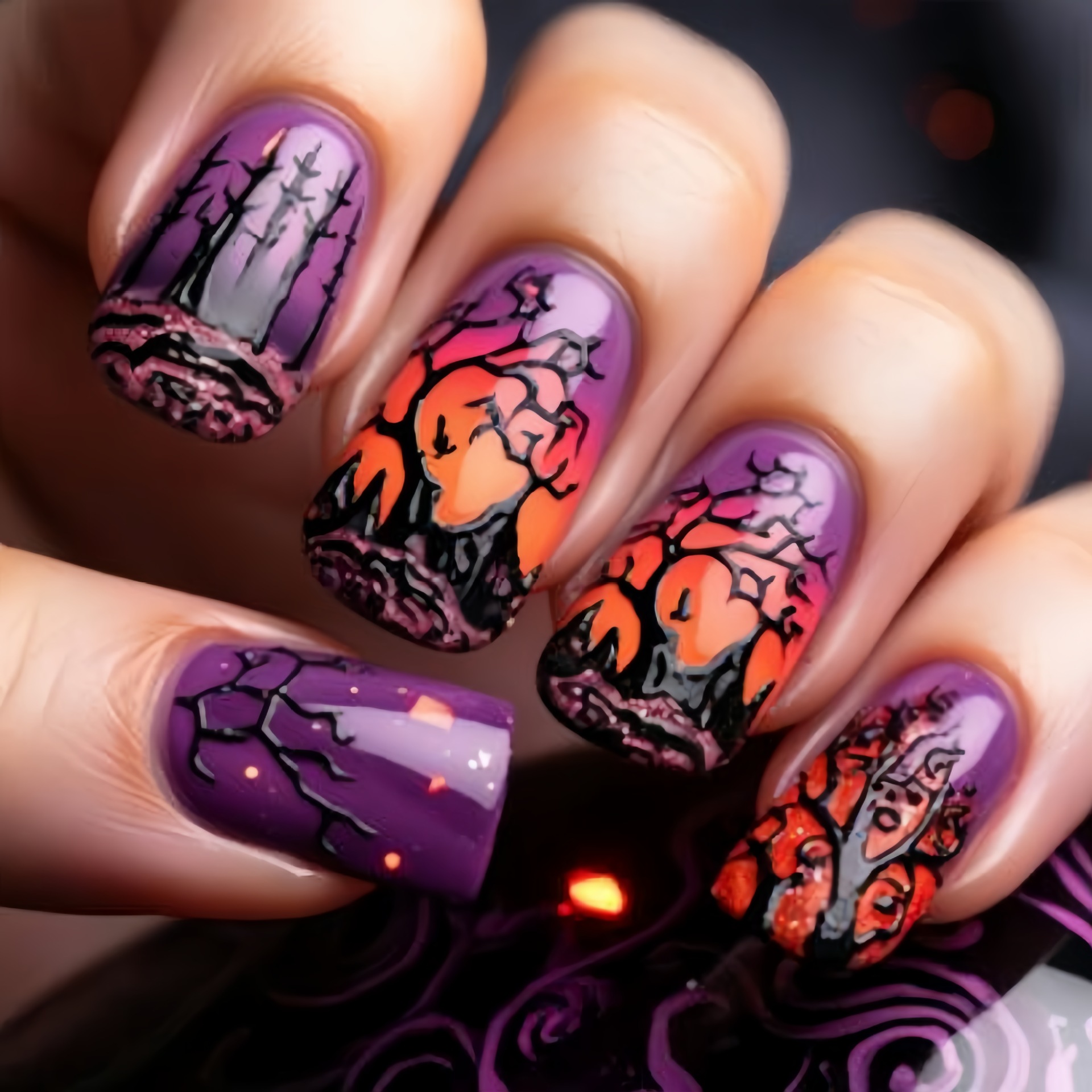 Nail Art Orange - 女性や女の子向けの、中くらいの大きさの正方形のつけ爪。Y2K風のグラデーションカラー（紫、青、オレンジ）で、ハロウィーンのスタイルに合うネイルチップ。貼り付けタイプのつけ爪。