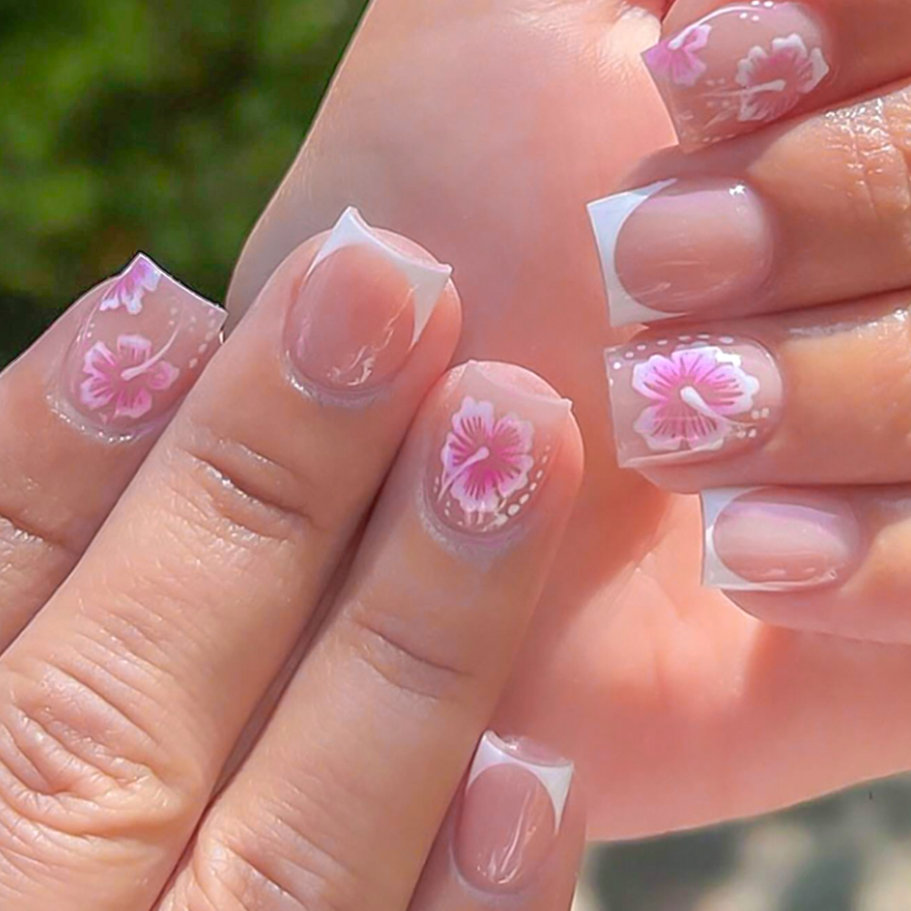 24 個フレンチフラワー付け爪ピンクハイビスカスデザインフル - Nail Art Press On のレビューと価格