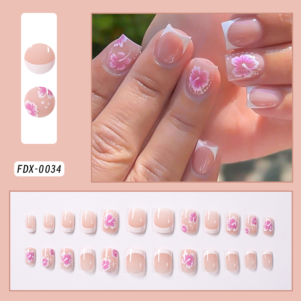 24 個フレンチフラワー付け爪ピンクハイビスカスデザインフル - Nail Art Press On のレビューと価格